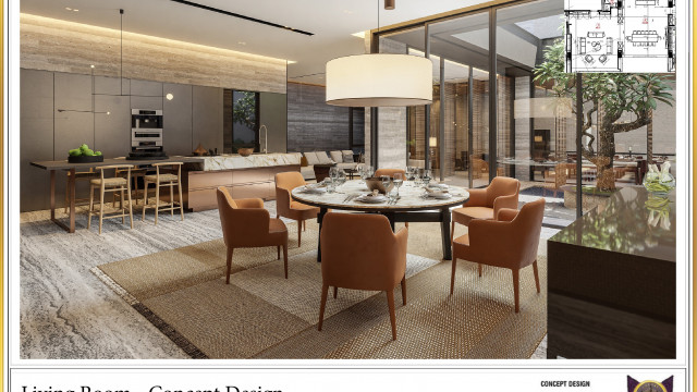 This picture shows a modern luxury living room design. It features an elegant cream-colored leather sofa with matching leather armchairs, a glass coffee table with white legs, and a matching wall unit featuring beige wood shelves illuminated by stylish sconces. The walls and ceiling are painted in a light shade of grey with a large painting of a beautiful landscape at the center. The room is finished off with a plush area rug and small side tables with decorative lamps.