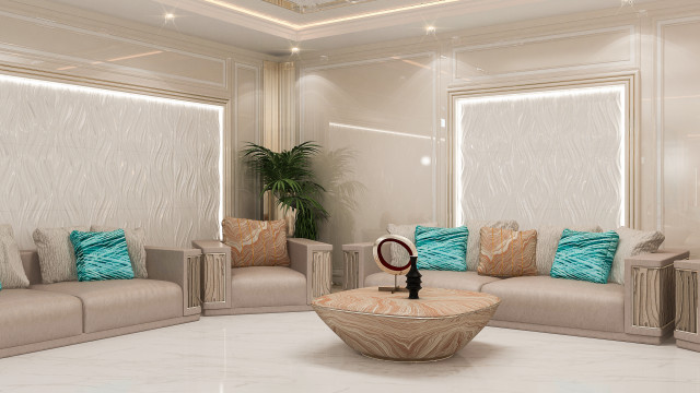 This picture shows an elegantly decorated living room with a white and beige color palette. The walls are covered in white paint and the furniture is upholstered in beige fabric. In the center of the room is a round glass coffee table surrounded by four plush armchairs in cream-colored leather. On either side of the room are two dark brown armoires that match the dark brown flooring. The large window at the back of the room lets in plenty of natural light, illuminating the space.