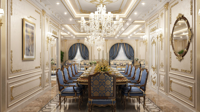 This picture shows a modern and luxurious interior design by Antonovich Design. The room features a sectional sofa with ornate cushions, two armchairs, and a coffee table. One wall is covered in a beige wallpaper with an artistic pattern, while the opposite wall has an intricately designed built-in shelf system with glass doors and shelves. There is a black grand piano in the center of the room, adding to its elegance. The flooring is light and consists of a combination of marble, wood, and tile.