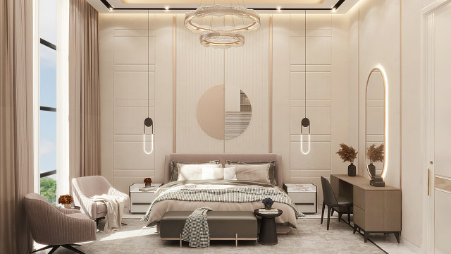 Light fixtures of a luxury room illuminated with warm light.