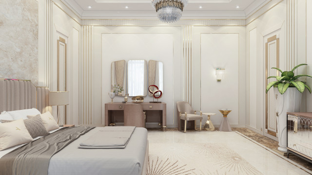 Modern bedroom with king-sized bed, two nightstands, dresser and armchair in beige and cream colors.