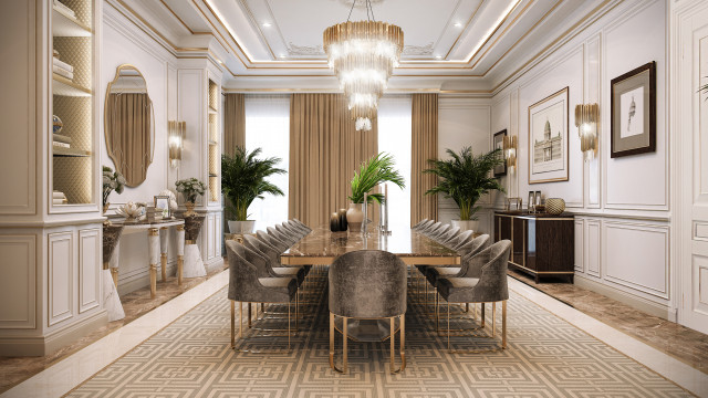Luxury interior with bright walls, a grand piano and golden details create an opulent and elegant atmosphere.