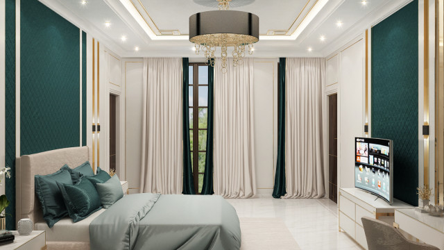 This picture shows an ornate modern bedroom design. It features a large four-poster bed with intricately designed head and foot boards in gold and white, set atop a white and gray marble tiled floor. A low-profile bench with oversized white cushions sits at the foot of the bed. The walls are decorated with large custom-made art pieces, and the curtains add a soft romantic touch to the room. Rich fabrics and textures incorporate shades of champagne, cream, and blush against the white walls. Recessed lighting and several stylish table lamps provide additional lighting.