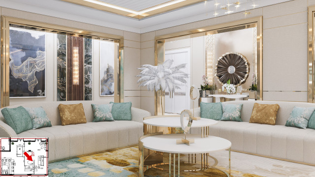 This is a rendering of an art deco style interior design by Antonovich Design. The scene features a large and luxurious living area, with richly upholstered furniture, classic floral carpets, and a modern view of the cityscape outside. The high gloss black ceiling provides a dramatic contrast to the warm honey-toned walls and beige and cream fabrics. The overall look of the room is opulent and elegant.