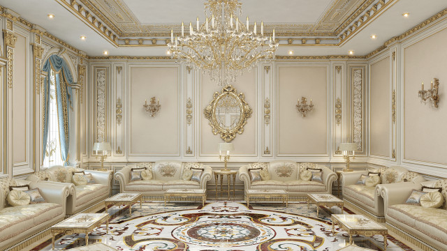 This picture shows a luxurious classical interior design. The room has white walls, gold accents, and lattice shaped molding on the walls and door frames. There is a marble floor with a large Persian rug in the center. There are several velvet upholstered chairs and sofas around the room, as well as a grand piano in the corner. Further, there is an ornately carved fireplace mantelpiece and an elegant chandelier hanging from the ceiling.