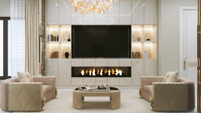 A modern interior space with luxurious furniture and decor, featuring a light gray palette and golden accents.