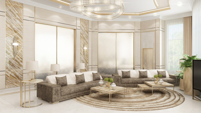 A modern, luxurious living room with beige walls, white crown molding, and several beige-colored furniture pieces. A grand piano is featured prominently in the center of the space.