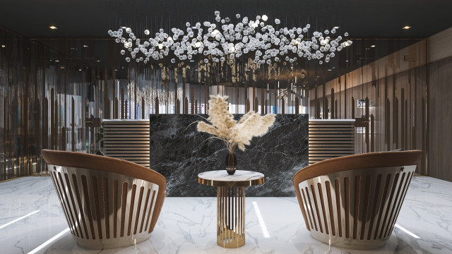 This picture shows a luxurious dining room with a large chandelier hanging from the ceiling. The walls and floor are covered with a dark wood paneling, while the furniture is upholstered in a luxurious velvet fabric. There is a large dining table with chairs and a sideboard, as well as a unique wall art.