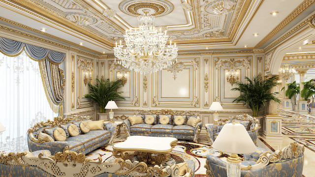 This picture shows an elegantly designed interior of an upscale home. It has luxurious furniture, high-end materials, and a classic design aesthetic. The room has white walls, beige carpet, and hardwood floors. There is a large window with sheer curtains, a fireplace with a gold mirror above it, and an ornate chandelier in the center of the room. The furniture includes a comfortable sofa, a coffee table, and two armchairs. On one wall there is a painting of two people on horseback overlooking a lake.