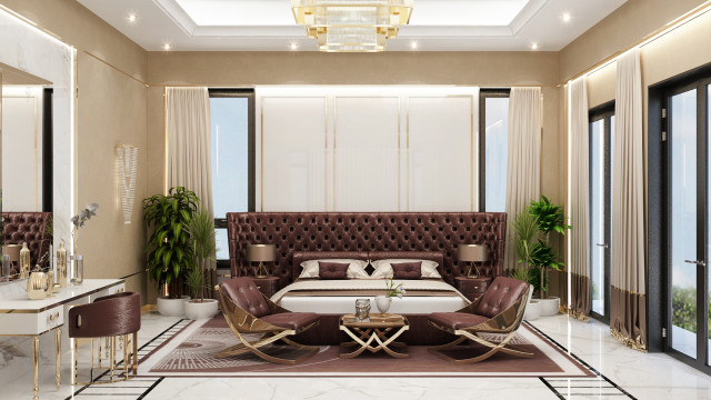 This picture shows a modern bathroom design featuring a floating vanity with two rectangular sinks, a walk-in shower, and a luxurious freestanding tub. The walls are clad in marble and the floors feature dark wood tiles. The overall look is accented with brushed gold fixtures and accents creating a warm, inviting atmosphere.