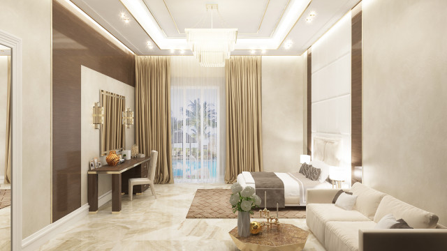 Modern luxury living room featuring a cream sofa, white armchair, and two gold-rimmed armchairs set before a large window with velvet drapes.