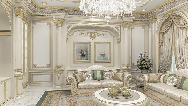 This is a picture of an interior design concept from Antonovich Design. It features a formal dining room with two white back-to-back sofas, a large grey marble table, and a crystal chandelier. The walls are painted white, and there are several abstract art pieces on the walls. There is also an ornate mirror and a small floral arrangement to add a touch of elegance to the space.
