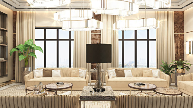 This picture is a modern interior design from the Antonovich Design studio. It features an expansive and airy living space in shades of white, grey and black, with an L-shaped sofa and a contemporary coffee table. The room is illuminated by natural light from two large windows and is decorated with abstract art and a sleek floor lamp.