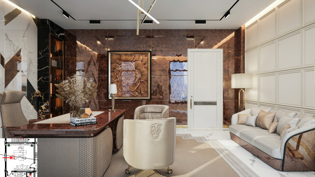 This picture shows a luxury living room decorated with modern, gold accents. The walls are a neutral light gray color with a brown patterned wallpaper accent on one wall behind the sofa and a huge mirror on another. The furniture consists of a white leather sofa, a coffee table, several armchairs, and a Paris-inspired chandelier hanging over the seating area. The floor is a marble-look tile in a light beige color, with a large Persian rug in the middle of the space. On the walls, there are several golden frames and planters that add to the luxurious effect