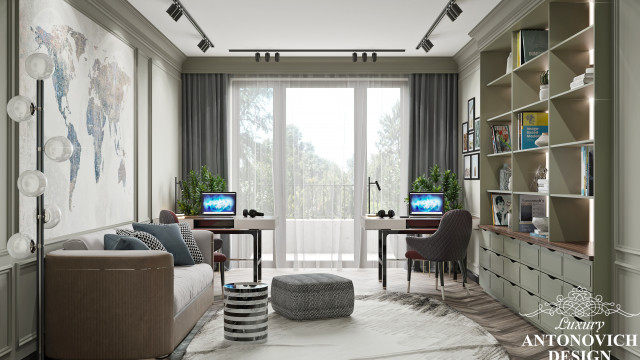 A modern style interior space featuring an ornate built-in shelving unit along one wall with neutral furniture, a coffee table and light flooring.