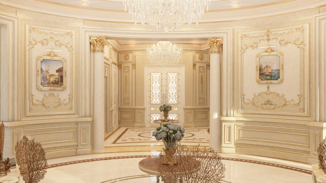 This picture shows a luxurious interior design with a curved grand staircase and elegant chandelier hanging from the ceiling. The stairs are made from white stone and feature a detailed balustrade with gold accents. The walls are painted in a light blue shade, while the floor is made of light wood. The staircase curves its way up to a large balcony that overlooks the entire room. The room is filled with antique furniture and decor pieces, further adding to the overall atmosphere of luxury.