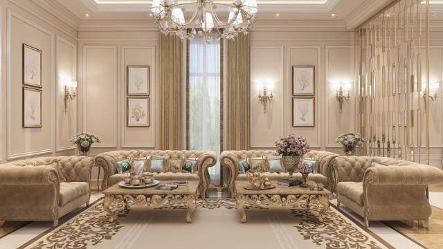 This picture shows a luxurious interior design featuring an ornate sofa, a detailed rug, and a grand chandelier. The walls are decorated with framed artwork and the floors are covered in marble. The furniture is embellished with gold accents, highlighting the wealth and sophistication of the space.
