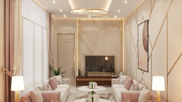 This picture is a photo of an interior design project created by Antonovich Design. The picture shows a modern living room with sofa, armchairs, and coffee table in the center. The walls are bright and white, with a large decorative mirror hanging above the sofa. On the left side of the room is a tall bookcase, with a variety of books, plants, and decorations. The floor is covered with a white-and-gray checkered rug, and a patterned area rug is layered at the foot of the sofa.