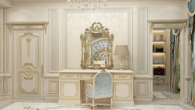 This picture is depicting an opulent bedroom interior. It features a floor-to-ceiling wall of windows that offer natural light, a canopy bed with intricate gold detailing, an ornate wall accent with two large mirrors, a luxurious velvet chaise lounge, and an elegant white marble fireplace. The room is decorated with lush ivory curtains, a statement chandelier, and plenty of plush throw pillows to provide comfort and warmth.
