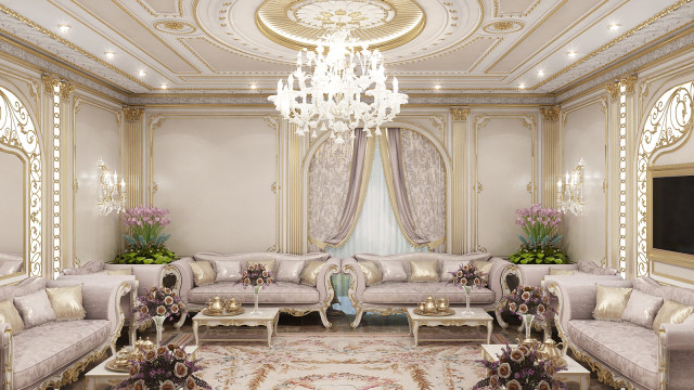 A gold and white dining room with an ornate chandelier, a marble dining table with chairs, and a glass wall behind.