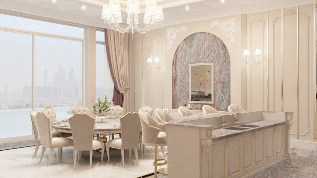 This picture shows a luxurious living room with a modern design aesthetic. It features a stylish beige sofa accented by bright throw pillows, an ornate crystal chandelier hanging from the ceiling, and a white marble coffee table. The walls are adorned with an elegant wallpaper featuring a floral pattern, while the marble flooring further adds to the luxurious feel of the room.