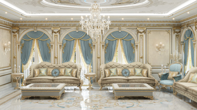 This picture shows a grand, luxurious interior design with a palette of opulent materials and modern furnishings. The space features a grand marble staircase leading up to an illuminated platform with a black and white checkered floor. The walls are adorned with golden paneling, and the ceiling is accented with an intricate chandelier. The furniture includes a comfortable white leather sofa and armchairs, accompanied by a sleek modern coffee table. To complete the look, vibrant rugs and plants add texture to the scene.