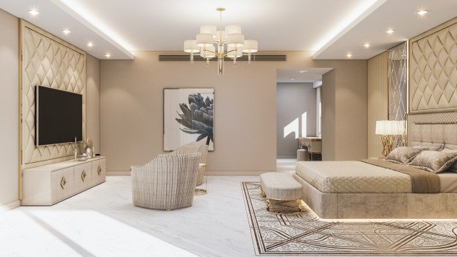 This picture features an interior design concept created by Antonovich Design. It depicts a contemporary-style living room with a bright white palette with light grey accents. There is a comfortable armchair and ottoman, a sofa, and two floor-to-ceiling windows. The room also has a large crystal chandelier, which adds a touch of elegance to the space.