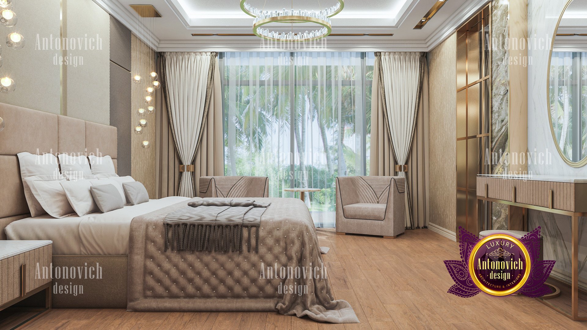 This image shows a luxury bedroom interior designed by Russian designer Antonovich Design. The room features a sleek, modern design with a white and black color palette. The walls are adorned with framed artwork, while large windows provide lots of natural light. There is a plush white bed in the center of the room, as well as a white armchair and a mirrored vanity area near the window. On either side of the bed are two nightstands with small lamps, and at the foot of the bed is a gray chaise lounge with matching pillows.