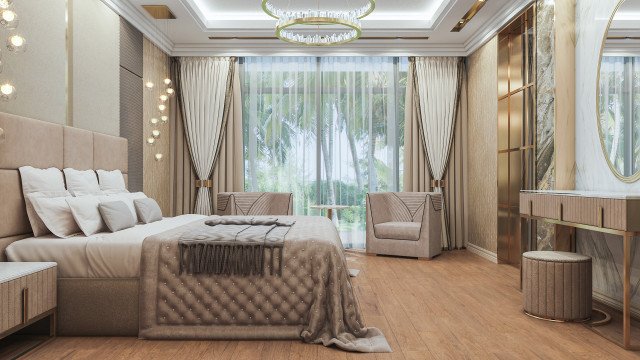 This image shows a luxury bedroom interior designed by Russian designer Antonovich Design. The room features a sleek, modern design with a white and black color palette. The walls are adorned with framed artwork, while large windows provide lots of natural light. There is a plush white bed in the center of the room, as well as a white armchair and a mirrored vanity area near the window. On either side of the bed are two nightstands with small lamps, and at the foot of the bed is a gray chaise lounge with matching pillows.