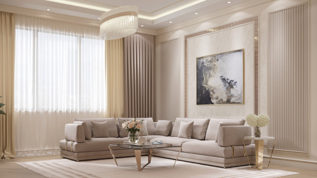 A luxurious, contemporary interior design with light-colored furnishings, bold artwork, and large window treatments.