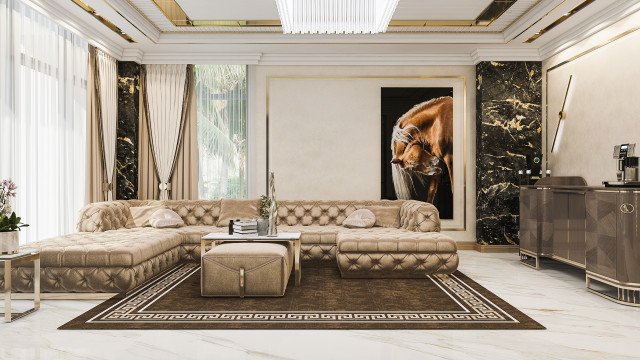 This picture is a lounge area designed and decorated by Antonovich Design. The room has a contemporary style, making use of neutral colors and modern furnishings. There is a white leather sofa that rests on a plush area rug, with a white tufted ottoman placed in front of it for extra seating. Along the wall is a sleek unit with built-in shelves, creating a nice display space for decorative items. On the other side of the room is a round marble coffee table, surrounded by matching armchairs. A set of floor-to-ceiling windows provide plenty of
