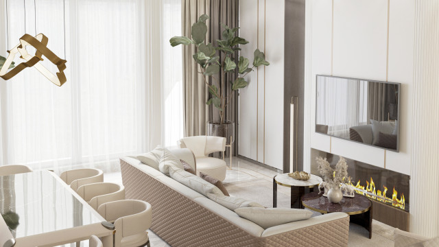 This picture shows a luxurious modern bedroom design by Antonovich Design. There is a curved wall of windows that are framed in gold and provide natural light to the room. The walls are lined with a white fabric paneling and gold accents, while the floor is covered with a light-colored rug. The bed is a grand four-poster bed that has a gold canopy and matching bedding. There are also velvet chairs and a vanity table with a large mirror, adding to the luxurious feel of the room.