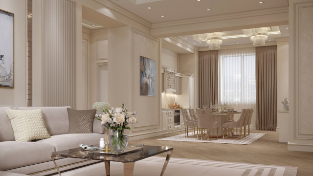 Modern luxury apartment interior featuring a beige sofa, marble floor, contemporary lighting, and richly patterned wallpaper.