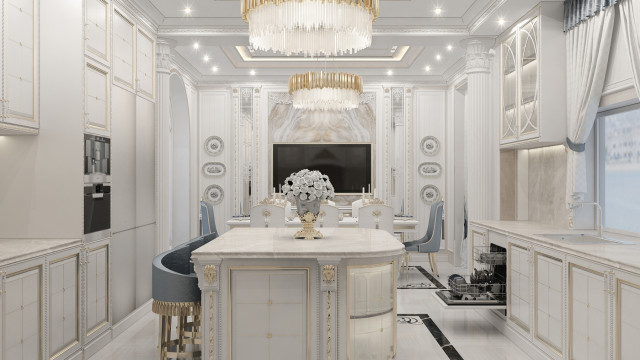 The picture shows a luxurious contemporary dining room with a grey and white themed interior design. The walls are painted in a light grey color, while the floor is tiled in a darker grey hue. There is a round dining table in the center of the room with a modern white chandelier above it. On the right side, there is a white upholstered sofa with a gold-colored frame, and on the left side are two white armchairs with a striped pattern. The room also features a large abstract painting on the wall and a large window to let in natural light.
