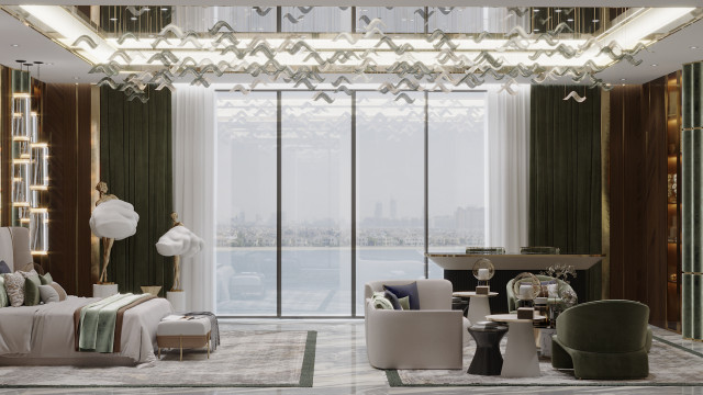 This picture shows a stunningly designed bedroom with a contemporary and luxurious style. The room is decorated with a white, grey and blush pink palette, mixed with gold accents and lightly-patterned wallpaper. The room features a tufted cream-colored velvet bed with matching nightstands and dressers, adorned with elegant and unique lamps and a large chandelier overhead. A large accent rug and two patterned armchairs complete the room.