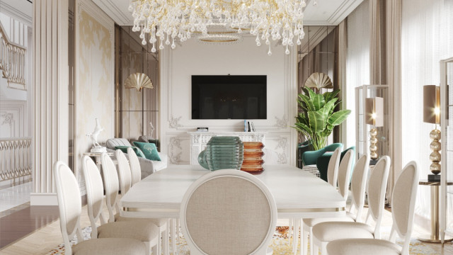 This picture shows an elegant master bedroom designed by Antonovich Design. The room features luxurious contemporary furniture, including a bed with a tufted headboard and two wooden nightstands. The walls are painted an off-white shade and a large painting hangs on the wall. The soft grey rug ties in with the warm colour scheme of the design, and the floor-to-ceiling windows provide plenty of natural light.