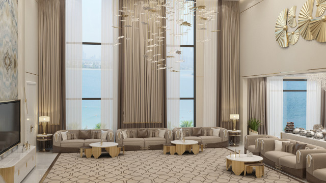 This picture showcases a luxurious living room interior design by the celebrated interior designer Antonovich Design. The room has a contemporary style with classic and elegant elements, such as the crystal chandelier and ornate wall decoration. The plush velvet sofas provide a sumptuous seating area, and the marble floor adds a sense of grandeur. Other eye-catching features include the oversized gold-framed mirror and the grand piano in the corner.