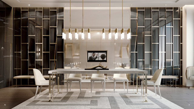 Large double-height living room with wood-paneled walls, high ceilings, beige furniture, and large windows.