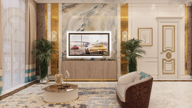 This picture shows a stunning modern living room. It boasts a beautiful gray finish and white accents throughout, from the sofa and chairs to the area rug. The wall-mounted television adds a touch of contemporary elegance and contrast, while an abstract artwork and a wall-length built-in cabinet with glass doors inject a touch of luxury. The high ceilings and large windows provide ample natural light to the space, creating a tranquil atmosphere.