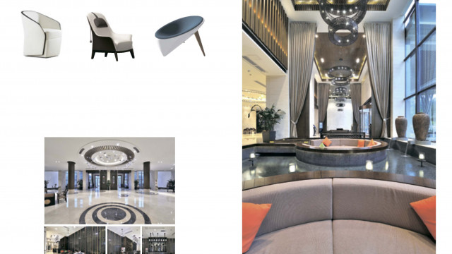 This picture shows a modern, luxurious interior design concept. The room features a curved ceiling, custom-made furniture and decorative details, as well as crystal chandeliers and large floor-to-ceiling windows. The walls are a light grey color, while the furniture is upholstered in ivory and dark teal fabrics. The floor consists of glossy white marble with inlays of black marble for a unique and stylish look. A large white rug adds texture and depth to the space.