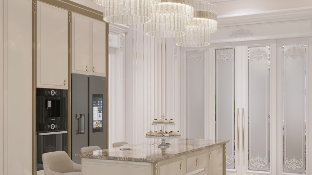 This picture is an interior design concept of a bathroom by Antonovich Design. The design features grey marble tiled walls, a corner glass shower, and a black-framed modern vanity with brushed gold accents. The large mirrors on the wall create an open and airy feel, while the recessed lighting accentuates the fixture details.