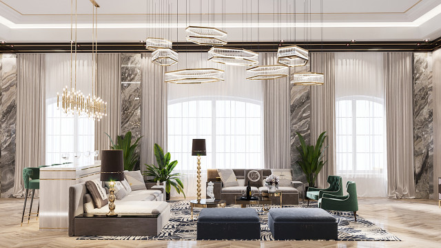 Interior of modern living room decorated with neutral colors and luxury details. Marble flooring, leather furniture, marble fireplace, and crystal chandelier.