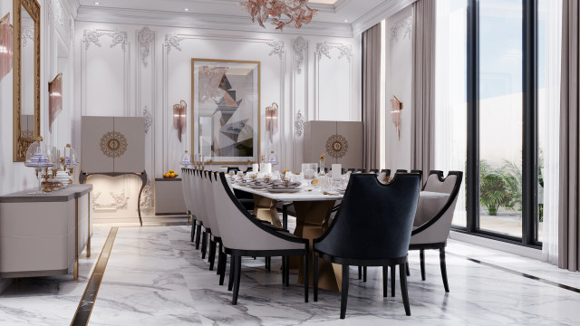 A luxurious interior room featuring a curved entrance arch filled with intricate mosaic tiling, a custom built fireplace with ornamental marble surround, beige tufted seating and elegant drapes adorned with gold embellishments.