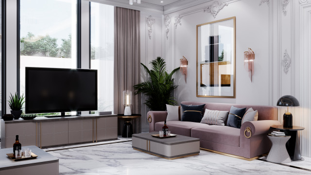This is a picture of a living room designed by Antonovich Design, featuring modern and luxurious furnishings. The living room has light gray walls, dark gray furniture, a cream-colored sofa, and a matching ottoman. There is a large flat-screen television mounted on the wall with a large glass shelf below it. In front of the television are two matching armchairs in a lush brown leather. On the opposite wall is a large abstract painting in black and white, adding to the sophisticated design of the room.