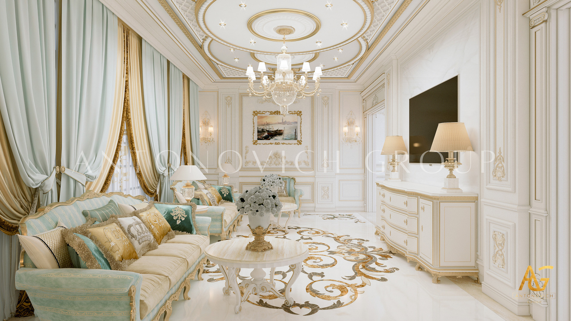 A living room in a luxurious home, featuring a grand marble staircase at the center, ornate ceiling fixtures, and upholstered furnishings.