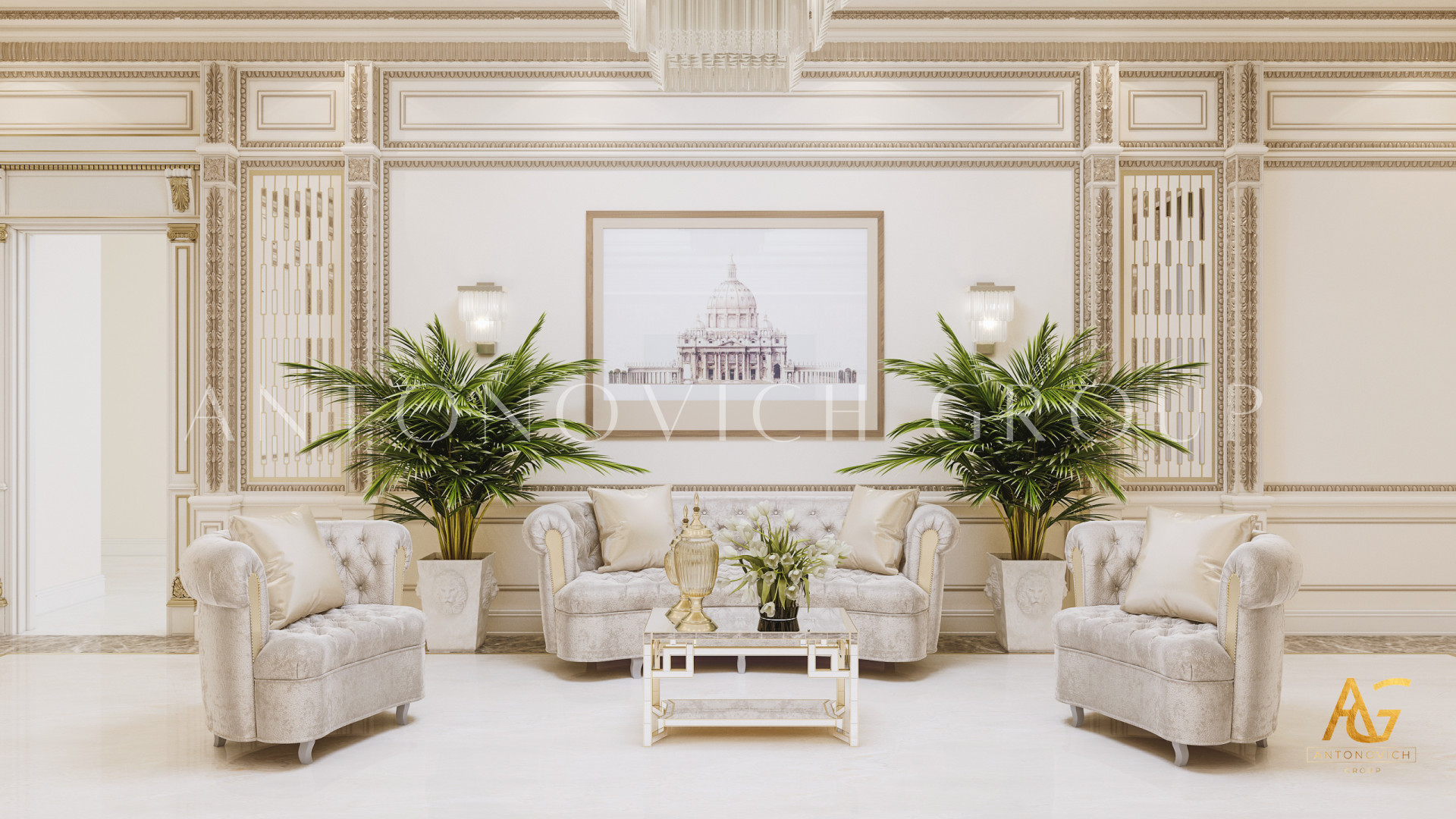 This picture shows an elegant marble entrance hall with a grand stairwell. The walls are lined with ornately framed mirrors, and the floor is finished in a glossy marble. A huge chandelier hangs from the ceiling and a grand piano stands in the middle of the room. On either side, two tall columns are decorated with gold-plated sculptures.