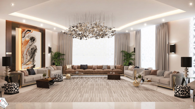 The picture shows a modern and luxurious living room with high ceilings. The focal point is a large, curved, white sofa with two matching armchairs. There is an abstract art piece on the wall, along with multiple floor-to-ceiling windows that let in natural light. The decor is minimalistic, featuring a black bear rug, a few potted plants and a gold side table. The overall vibe is clean and contemporary, perfect for relaxation and entertaining.