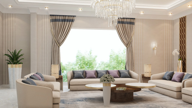 This picture shows an interior of a modern, luxurious living room. The room features mostly white furniture with golden accents, including a large sofa in the center, two armchairs, a coffee table, and two side tables. There is also a set of velvet curtains in deep blue on one side of the room and a rug in a light patterned fabric. The walls and ceilings are white, and there is a glossy black grand piano in the corner.