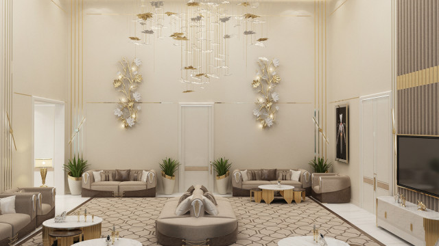 The picture shows a grand and luxurious lobby that has been designed with intricate detail. The walls are covered with marble and there is a large crystal chandelier hanging from the high ceiling. The floor is also made of polished marble and the furniture is upholstered in velvet fabric. The lobby has a classical and majestic look that is perfect for welcoming guests.