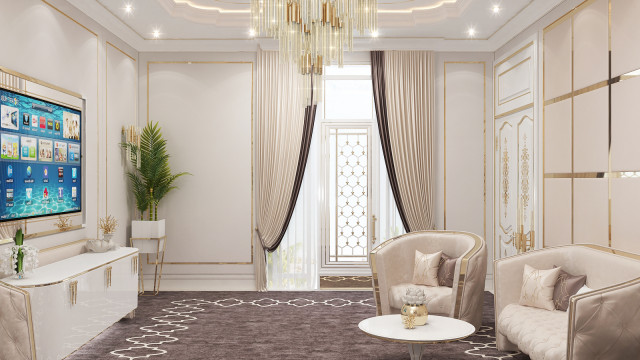 A modern, luxury dining room featuring a curved U-shape upholstered seating bench and white porcelain tile flooring with a large decorative centerpiece.